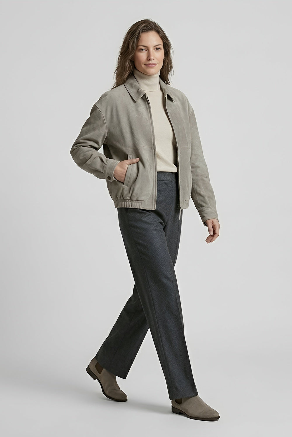 ROWAN - Vintage Suede Leather Bomber Jacket, Light Grey, Side View, Model Posing