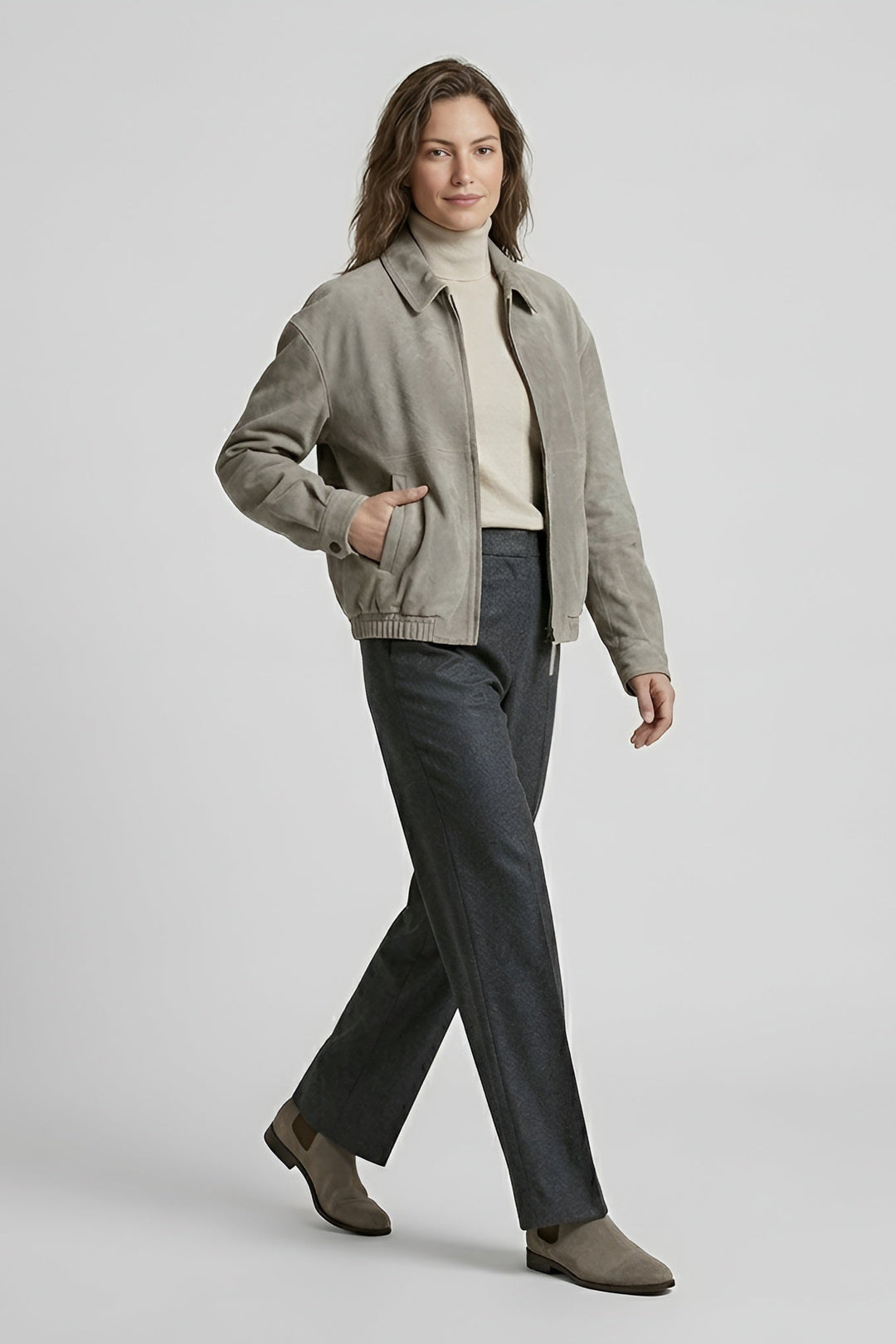 ROWAN - Vintage Suede Leather Bomber Jacket, Light Grey, Side View, Model Posing