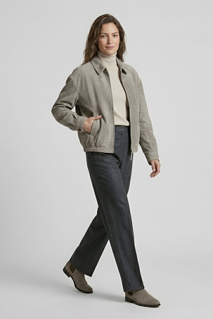 ROWAN - Vintage Suede Leather Bomber Jacket, Light Grey, Side View, Model Posing
