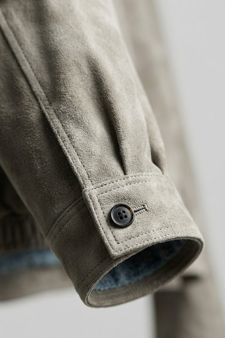 ROWAN - Vintage Suede Leather Bomber Jacket, Light Grey Suede, Detail of Sleeve