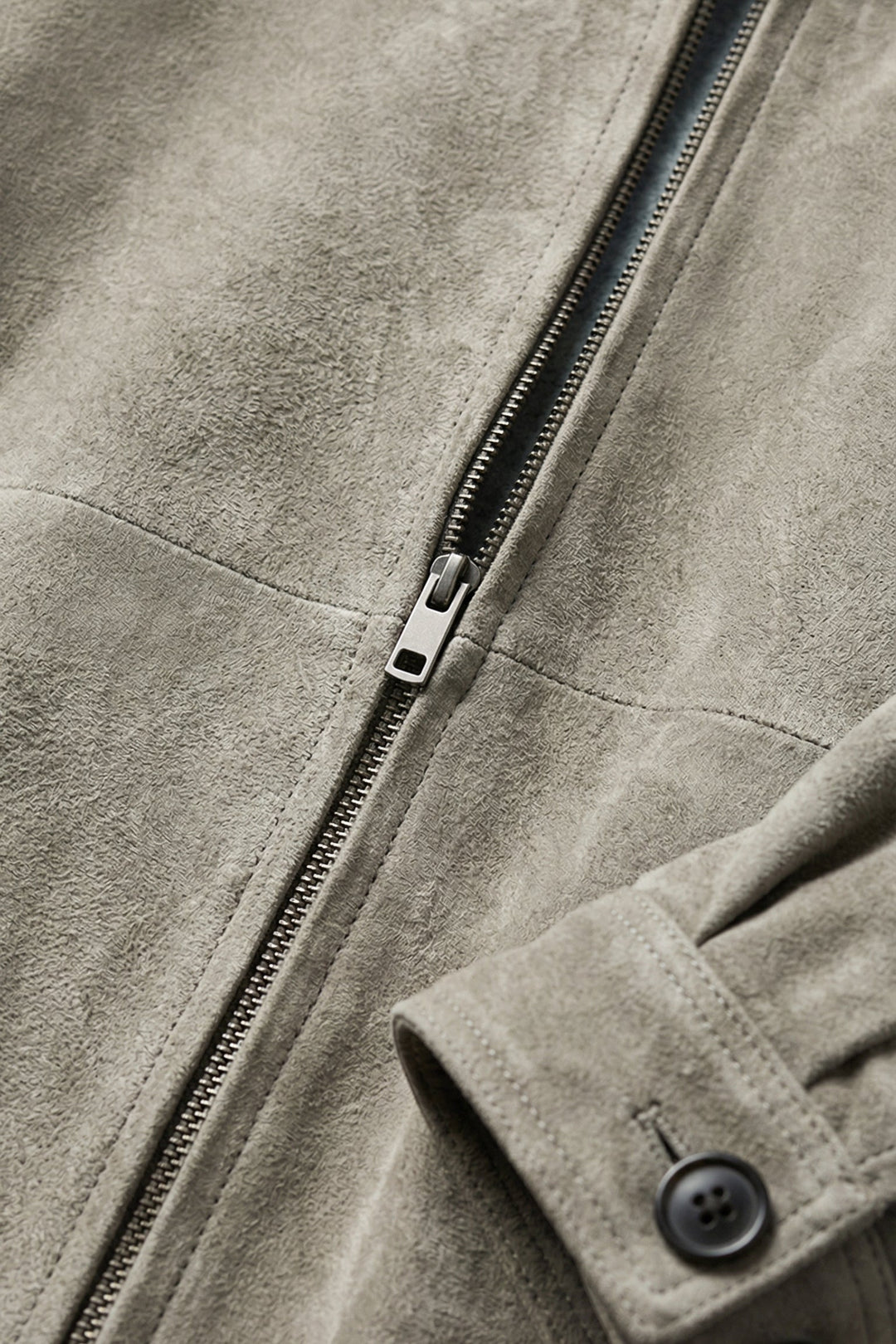 ROWAN - Vintage Suede Leather Bomber Jacket, Tan Suede, Close-up of Zipper