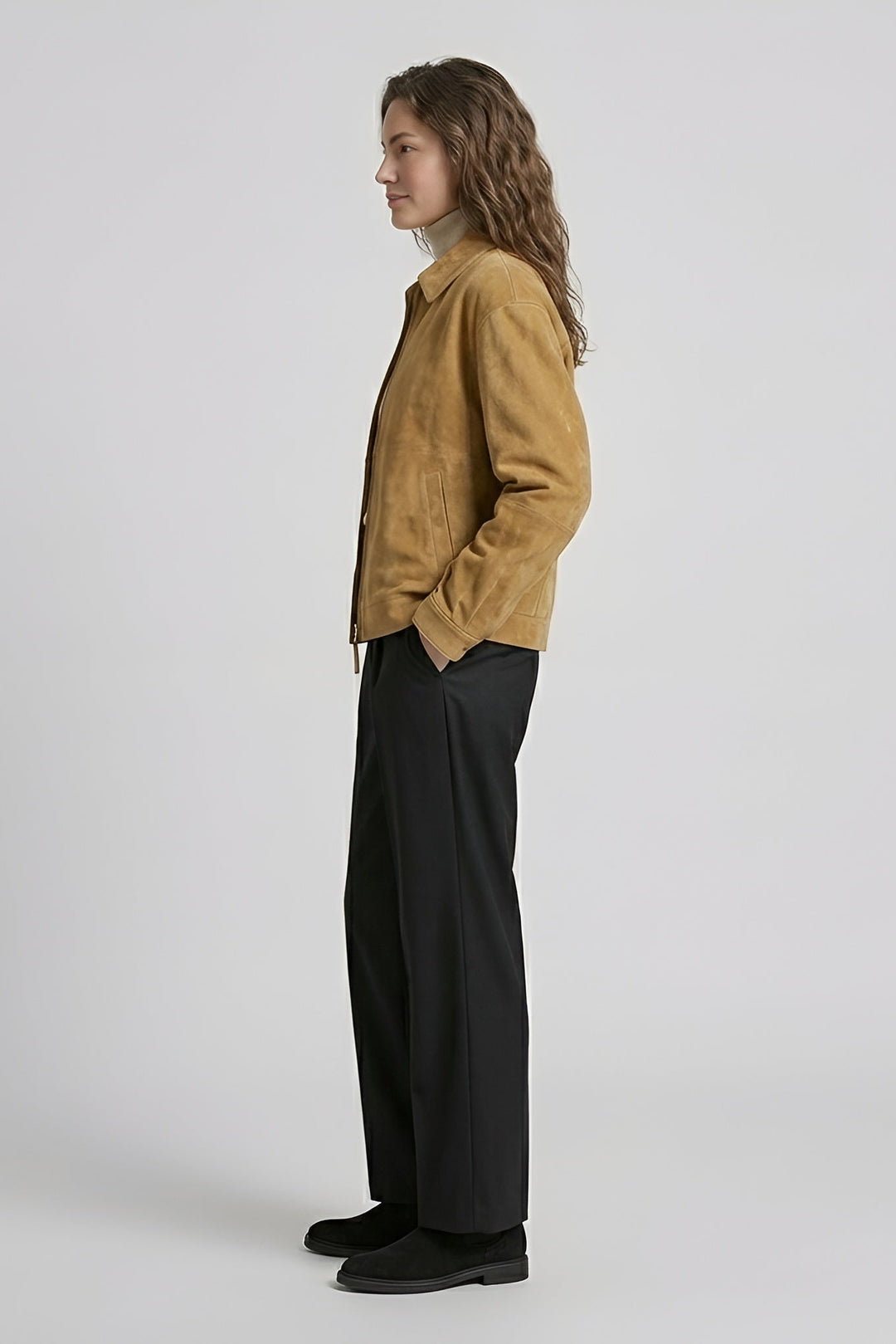 ROWAN - Vintage Suede Leather Bomber Jacket, Tan Suede, Side View