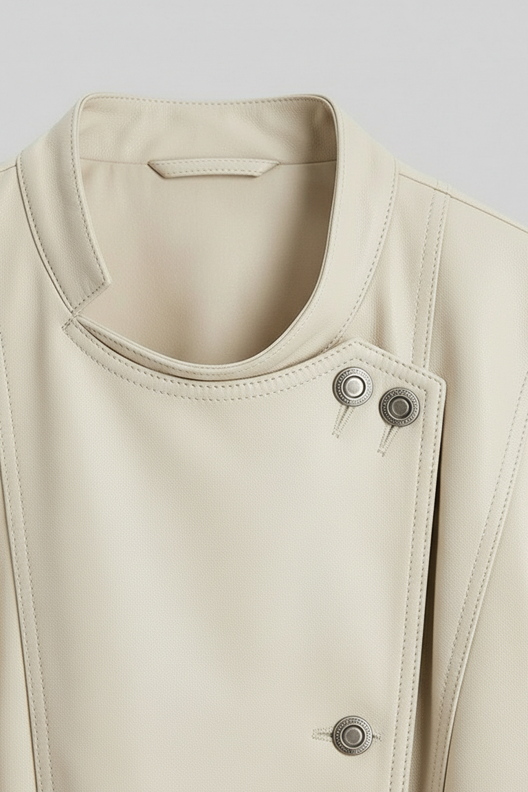 ROWYN - Close-up of cream leather jacket collar, metal button details