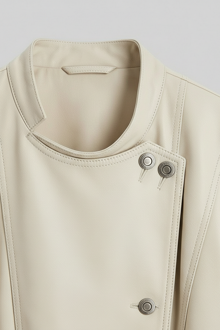 ROWYN - Close-up of cream leather jacket collar, metal button details