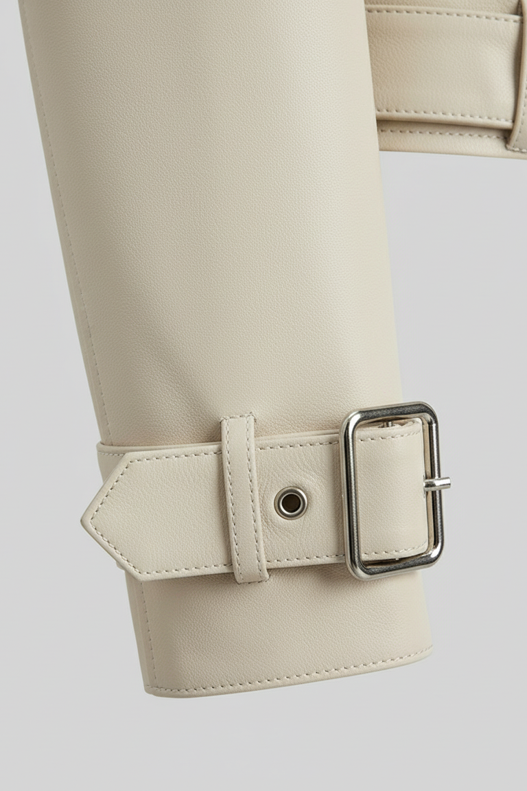 ROWYN - Close-up of cream leather jacket, sleeve & cuff detail