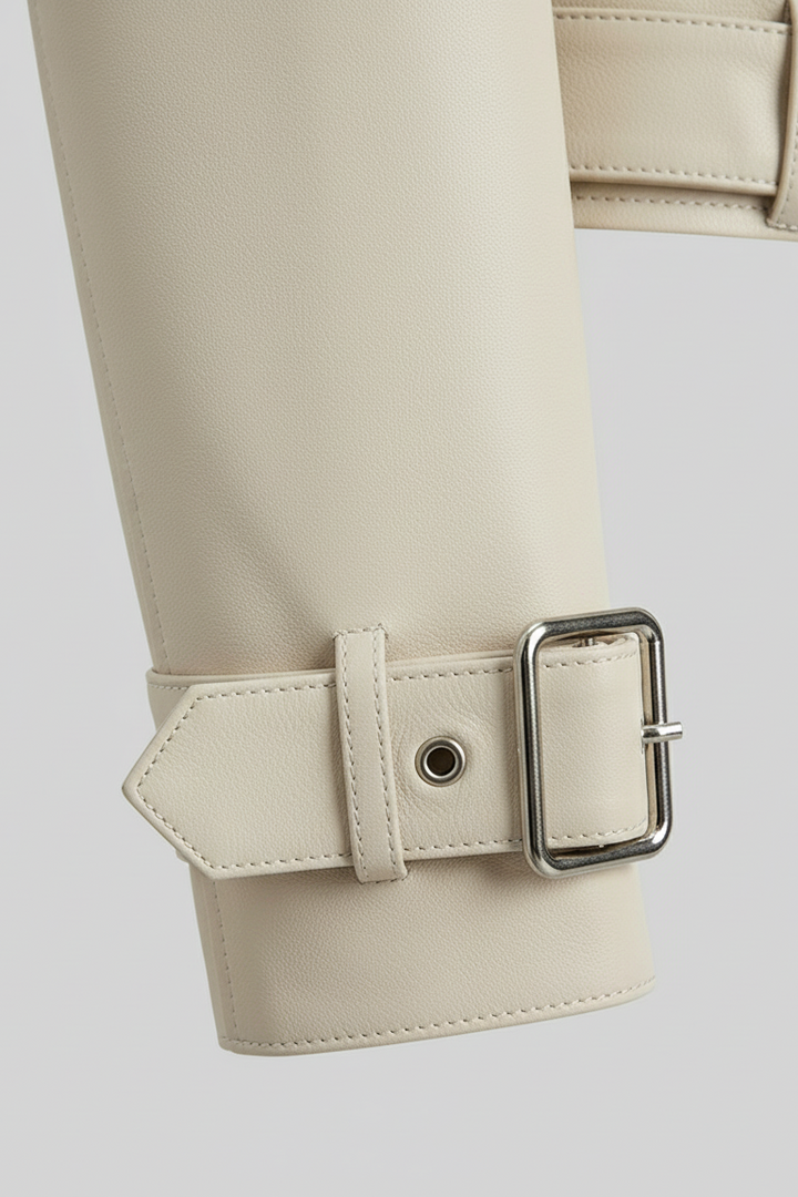 ROWYN - Close-up of cream leather jacket, sleeve & cuff detail