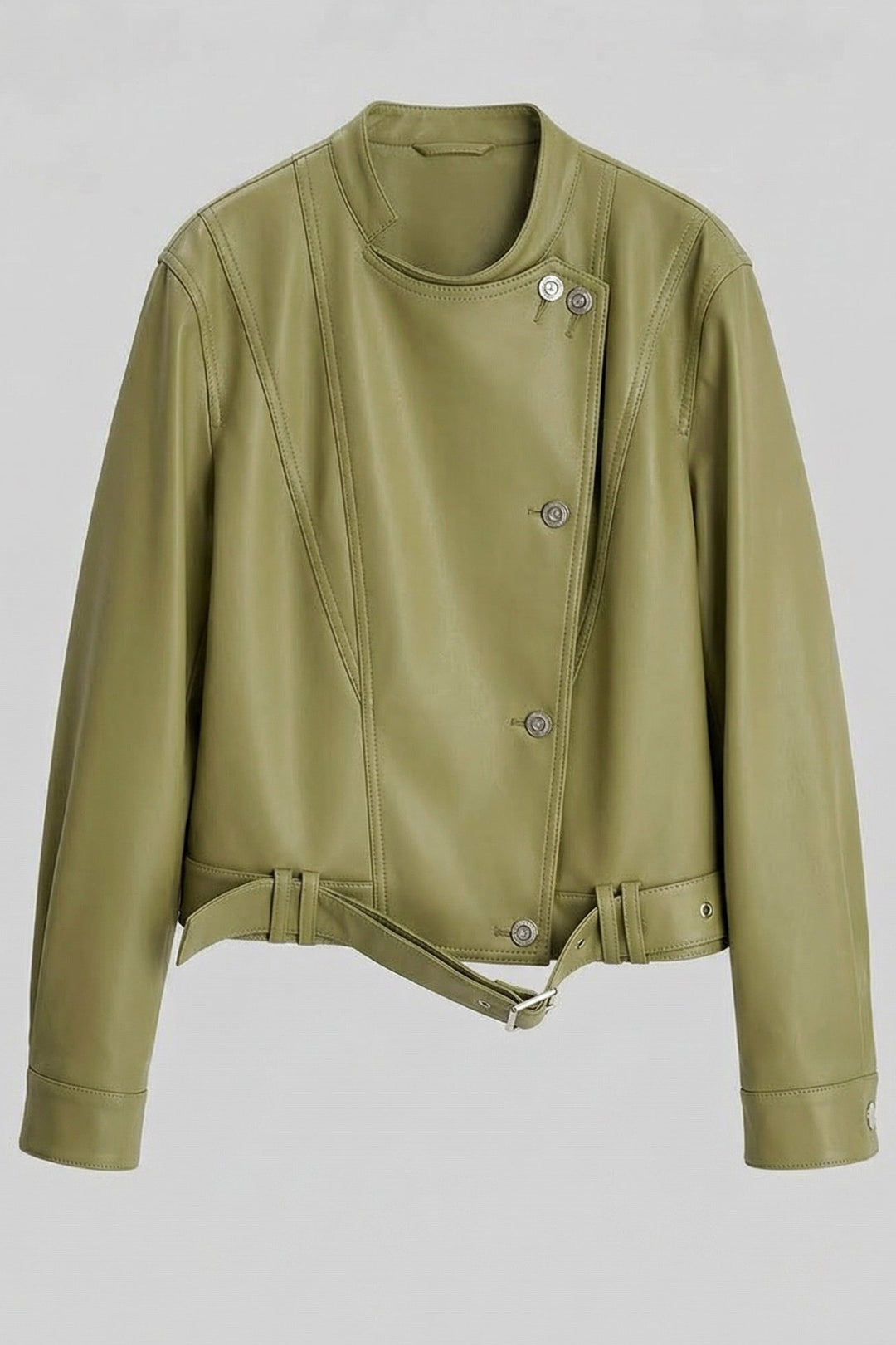 ROWYN - Full product shot of the Olive green leather jacket dress
