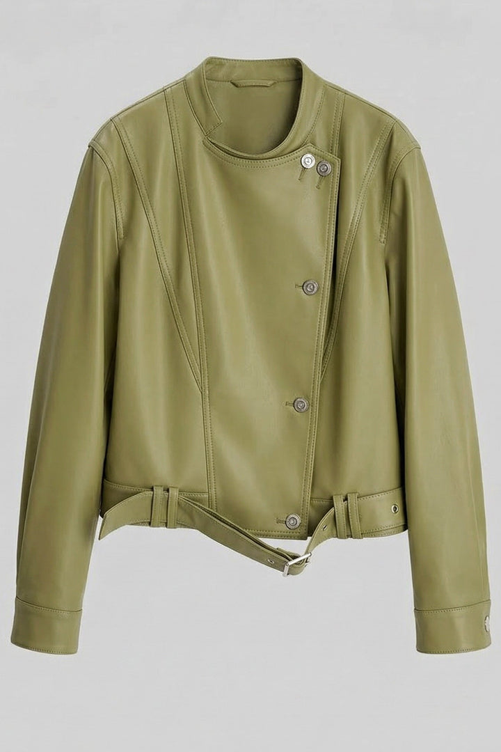 ROWYN - Full product shot of the Olive green leather jacket dress