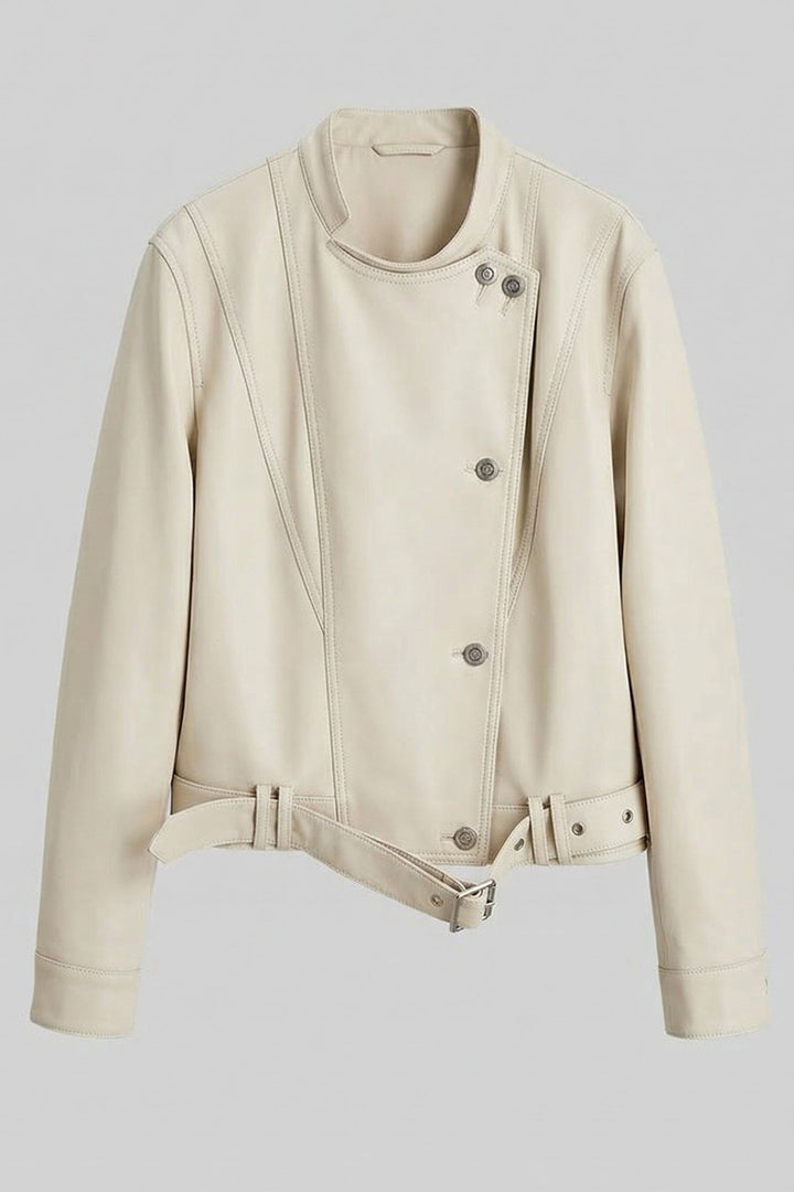ROWYN - Full product shot of the cream leather jacket dress 