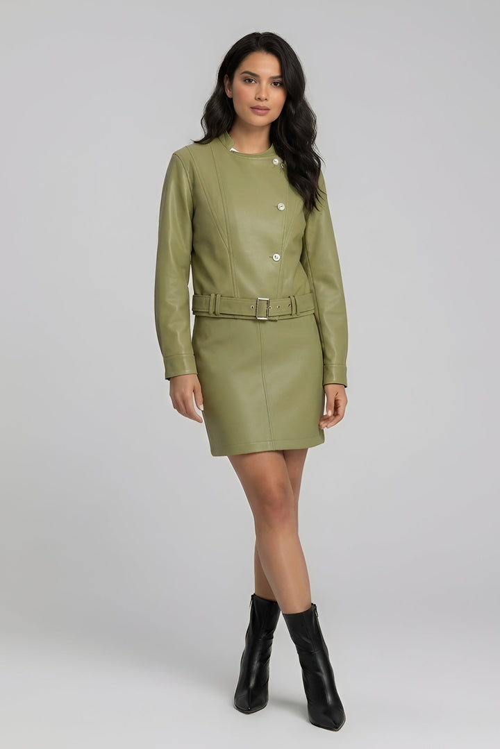 ROWYN - Green leather jacket dress, belted detail, black ankle boots, side pose