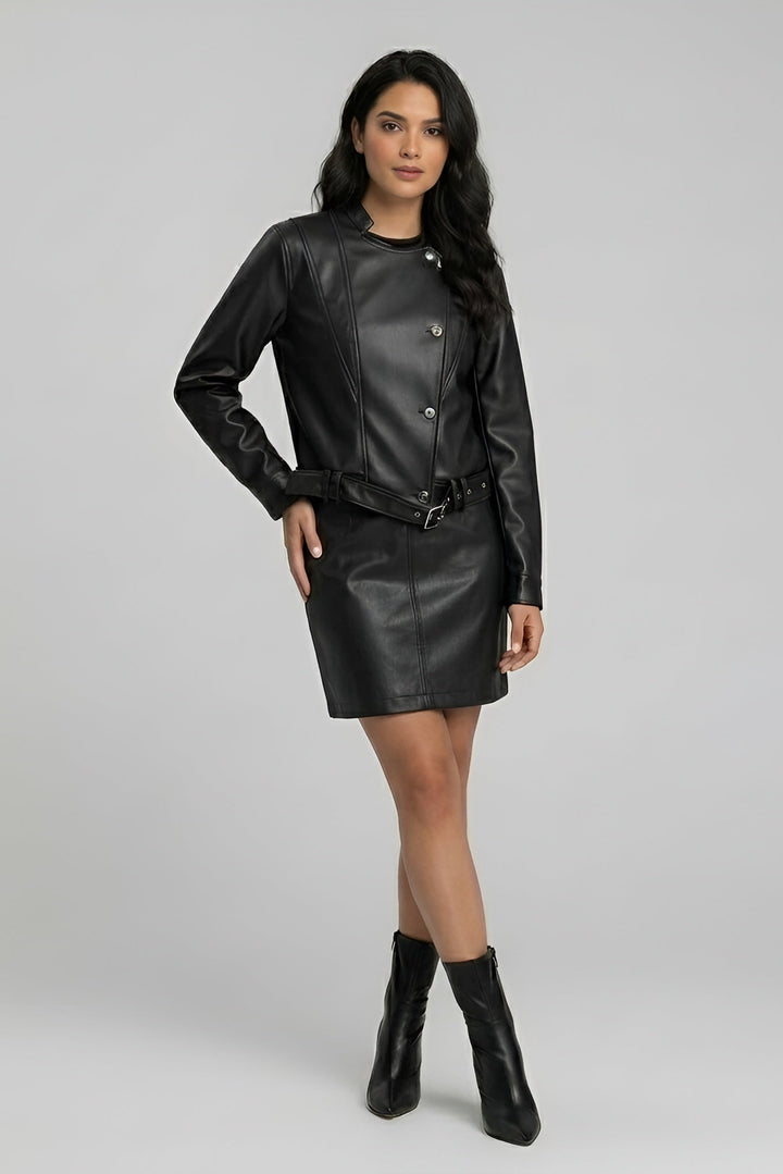 ROWYN – Belted Cropped Leather Jacket, black, full-body shot