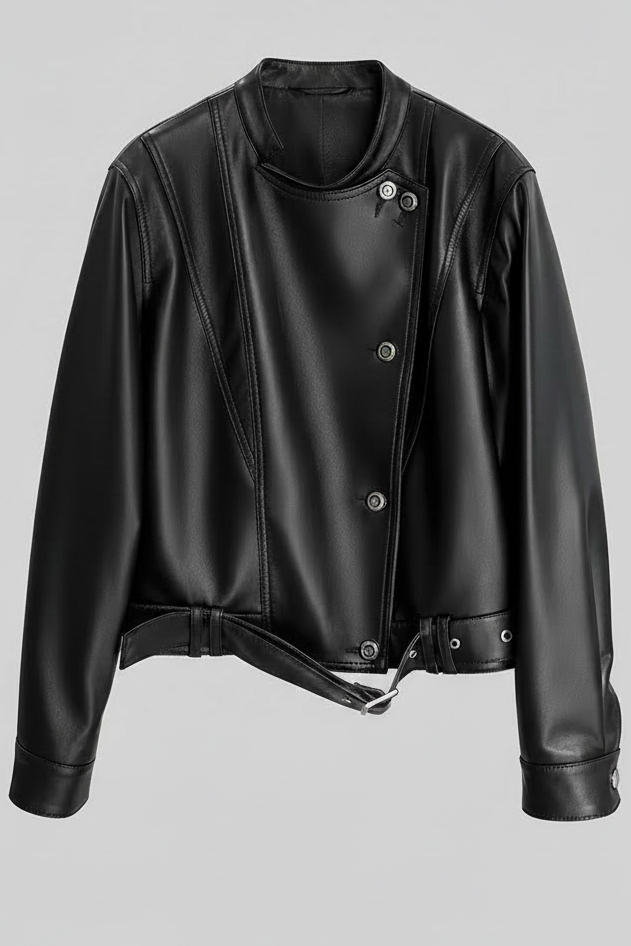 ROWYN – Belted Cropped Leather Jacket, black, product shot