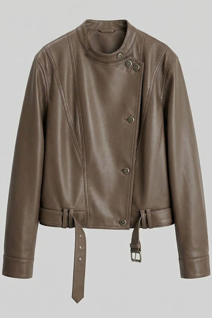 ROWYN – Belted Cropped Leather Jacket, taupe, product shot