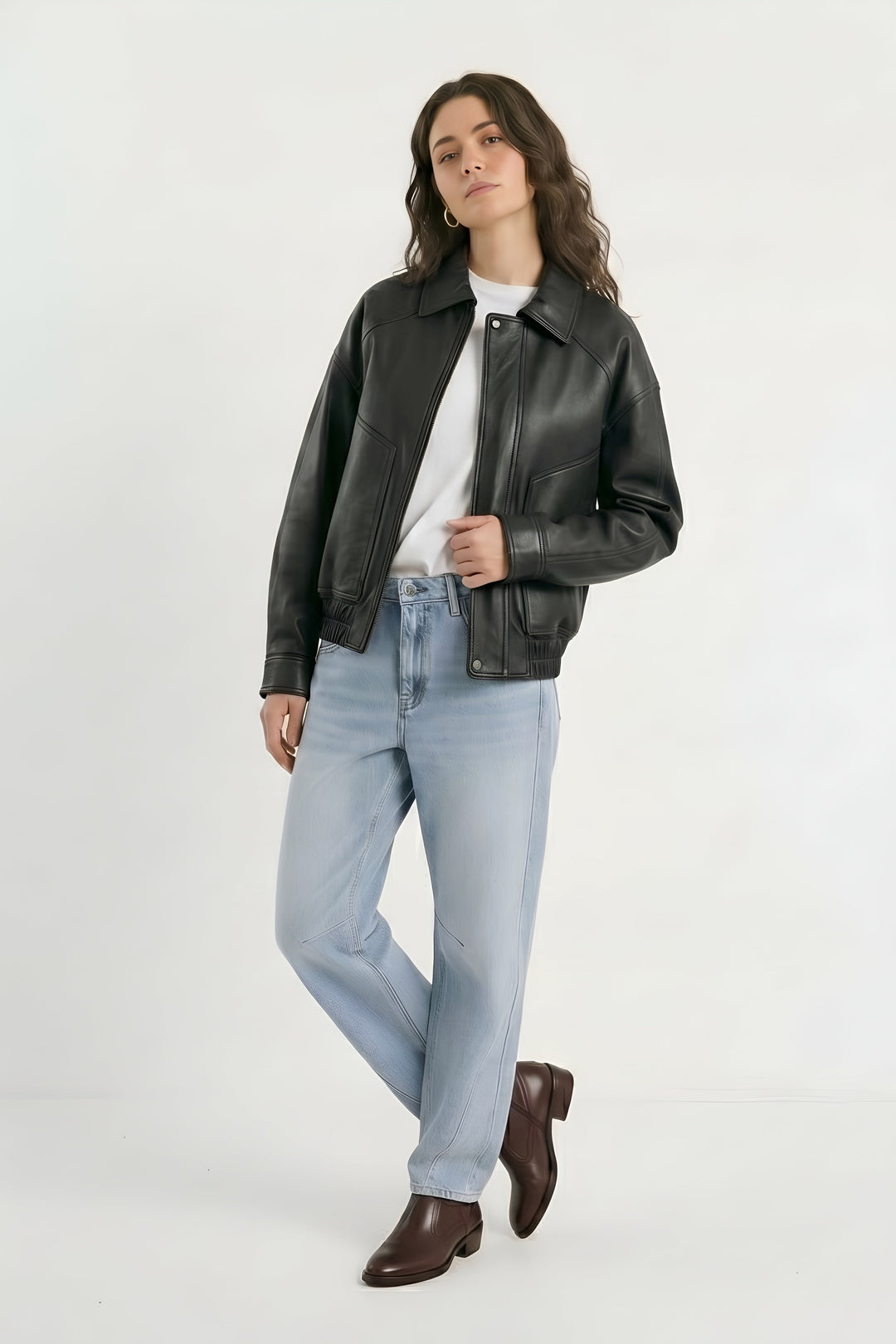 RYLEE - Black leather jacket, full front view