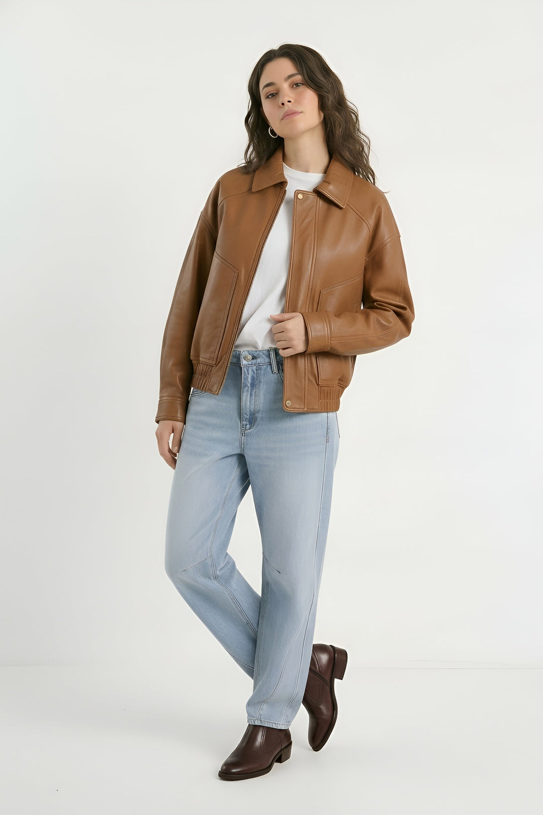 RYLEE - Brown leather jacket, full body shot front view