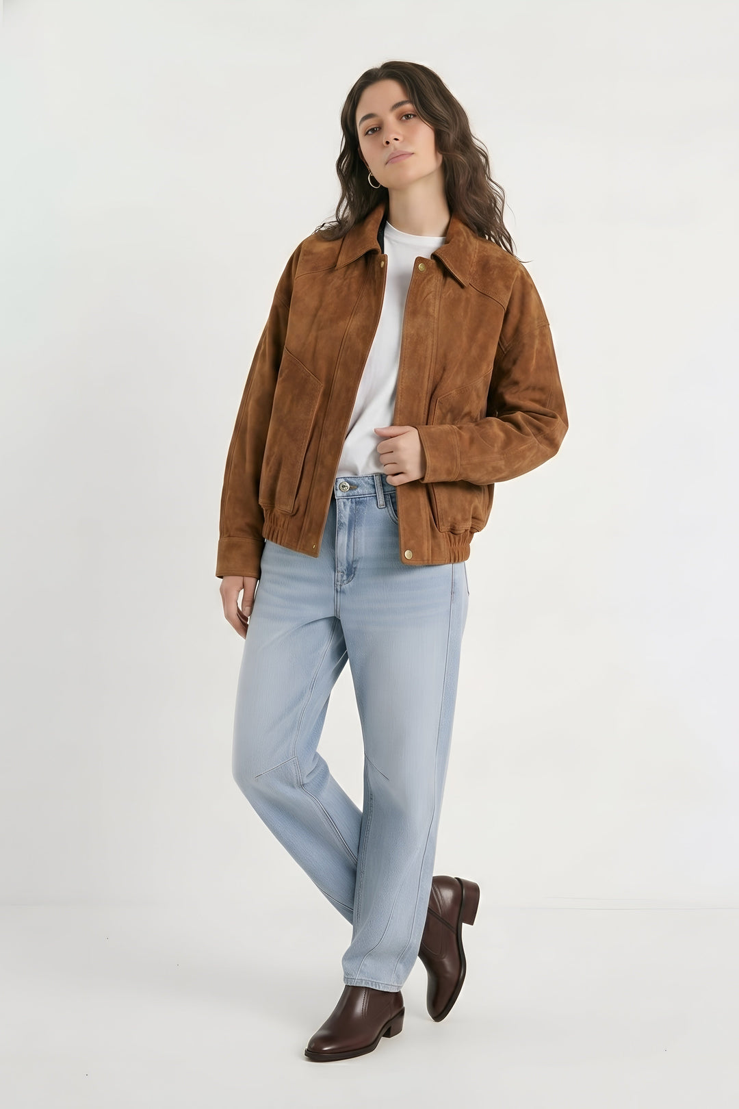 RYLEE - Brown suede jacket, full body shot front view