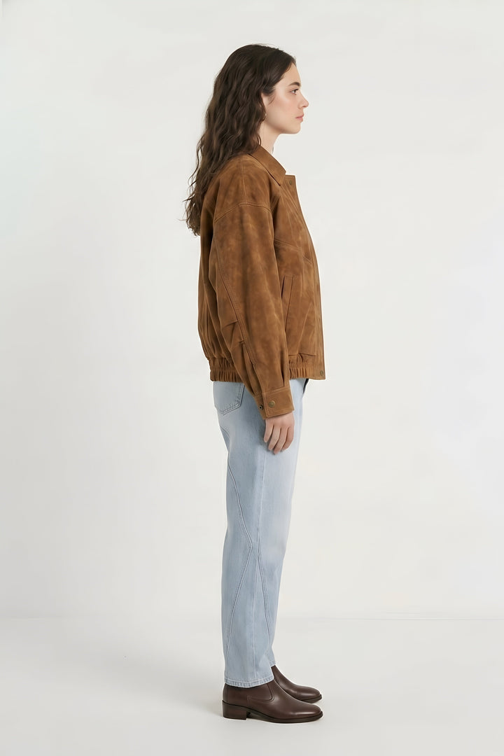 RYLEE - Brown suede jacket, side profile view