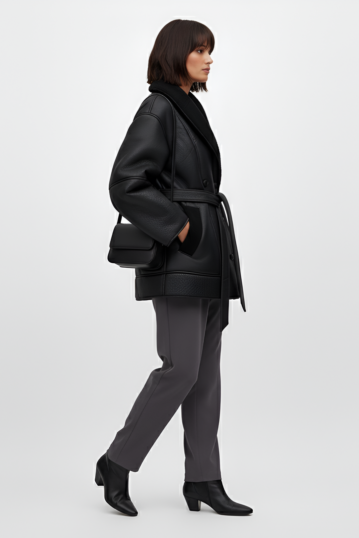 Rear view black lamb fur belted oversized winter coat