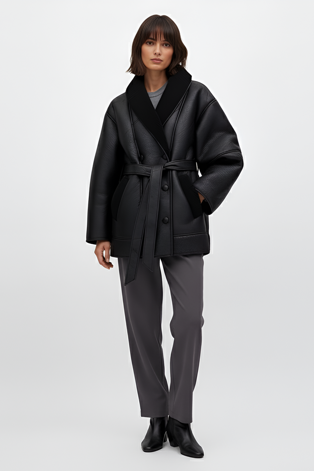 Rear view black lamb fur belted oversized winter coat