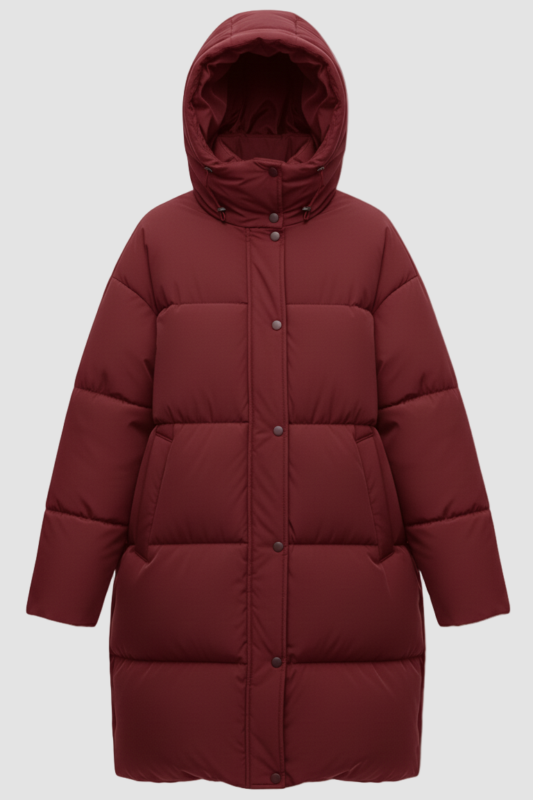 Red puffer coat with a hood on a white background