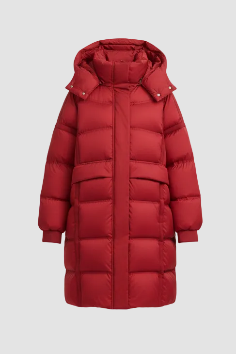 Red puffer jacket with a hood on a white background