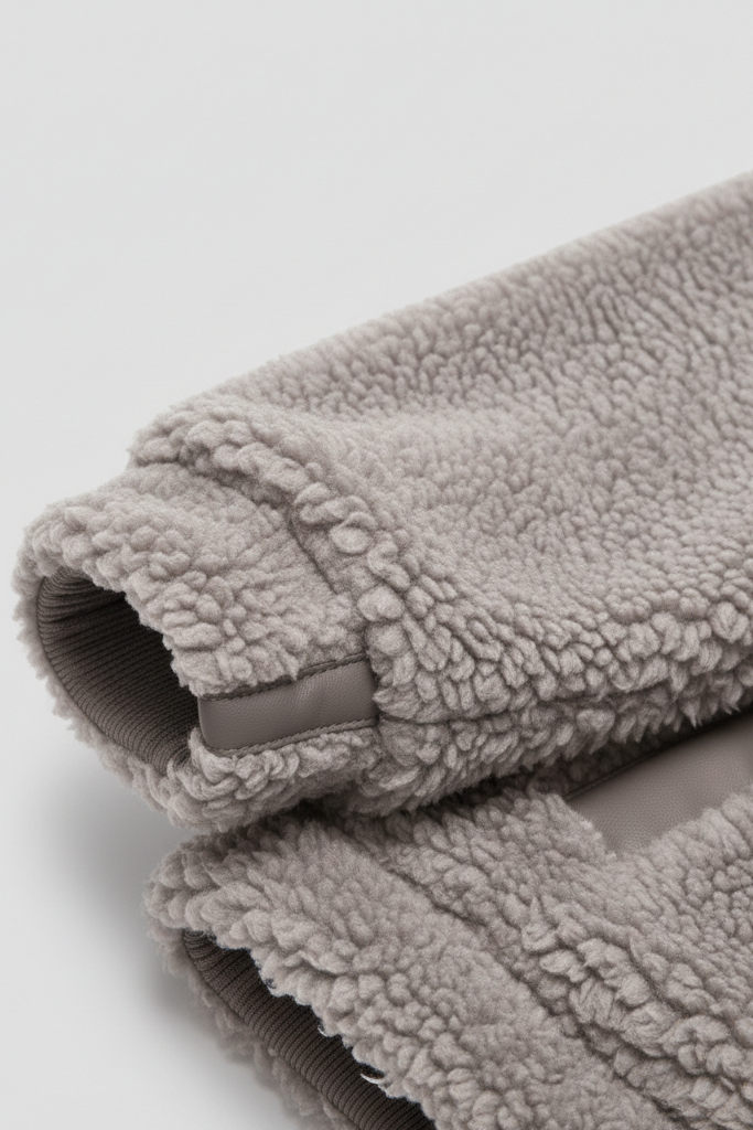 Roll of gray fleece blanket on a light gray background