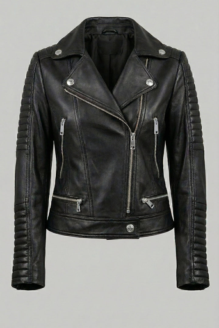 Ryder - Black leather motorcycle jacket, full product shot