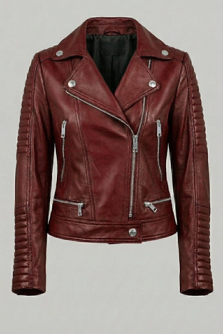 Ryder - Burgundy leather motorcycle jacket, full product shot