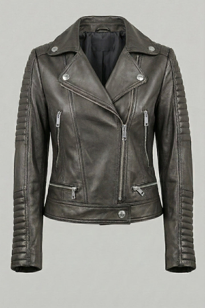 Ryder - Grey leather motorcycle jacket, full product shot