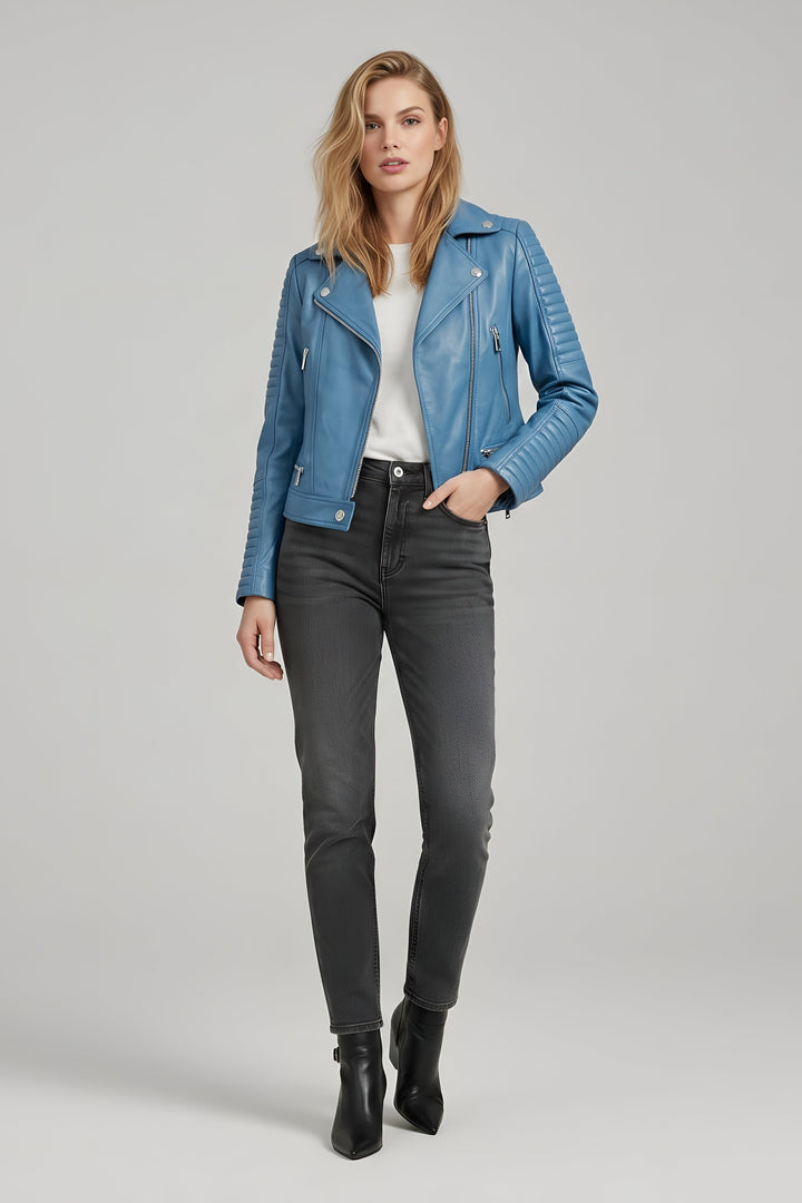 Ryder - Motorcycle Leather - vibrant blue, tailored, asymmetric zip, hand in pocket