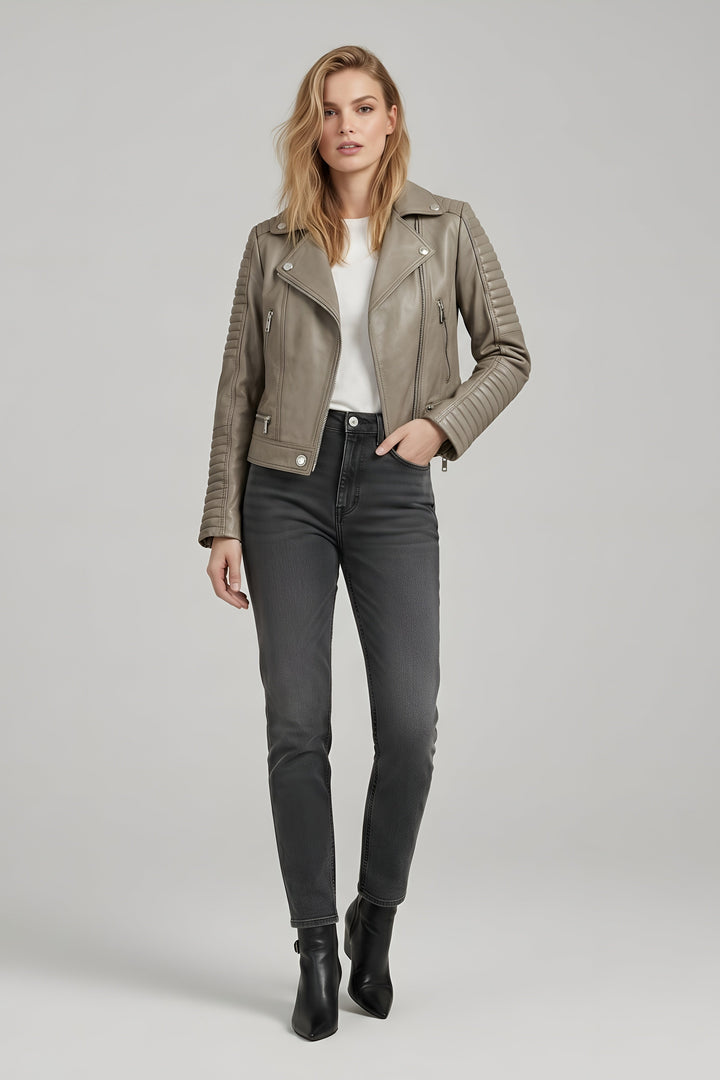 Ryder - Motorcycle Leather - vibrant stone, tailored, asymmetric zip, hand in pocket