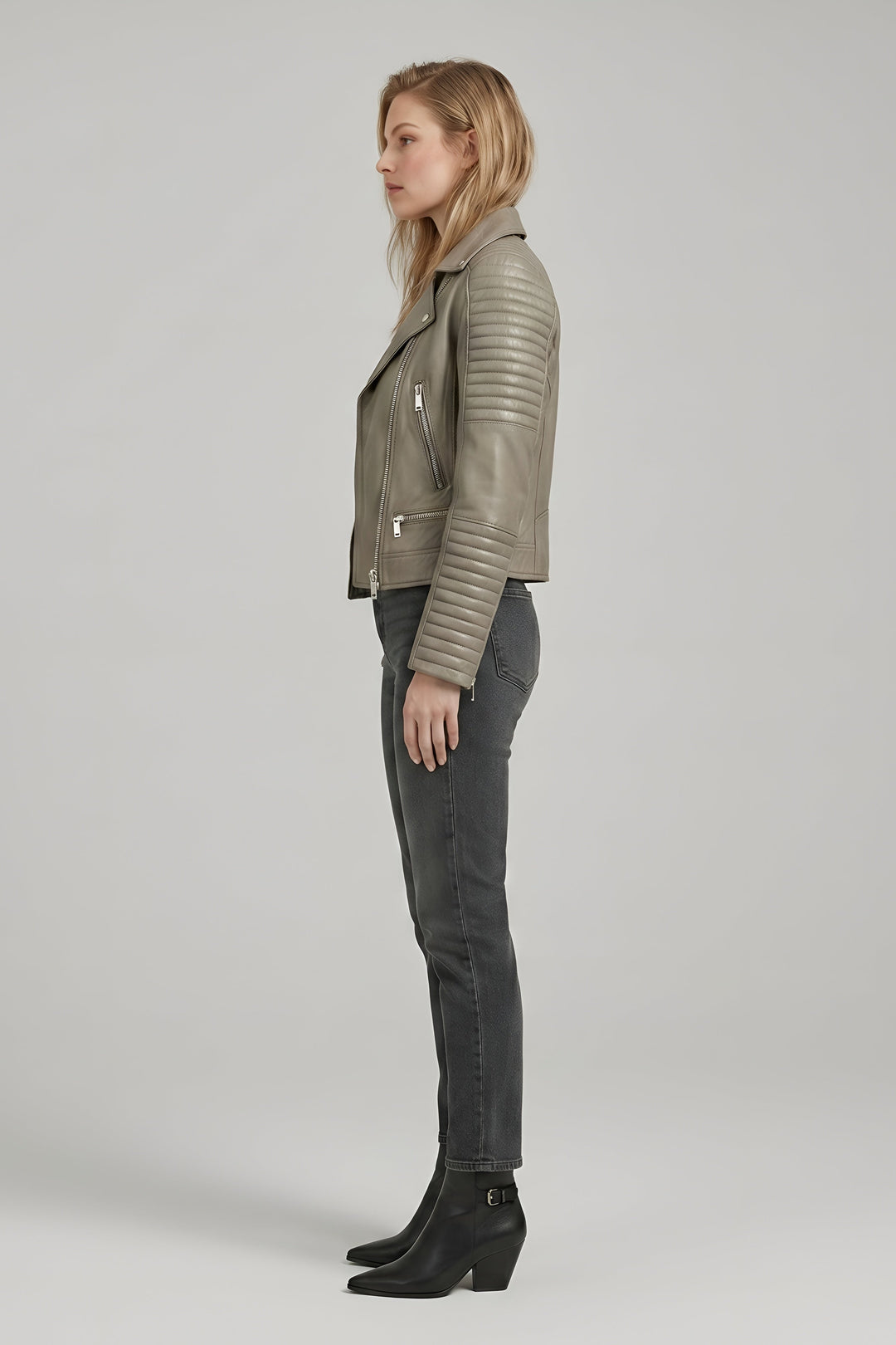 Ryder - Motorcycle Leather - vibrant stone, tailored, asymmetric zip, side profile view
