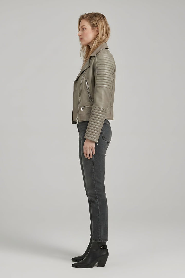Ryder - Motorcycle Leather - vibrant stone, tailored, asymmetric zip, side profile view
