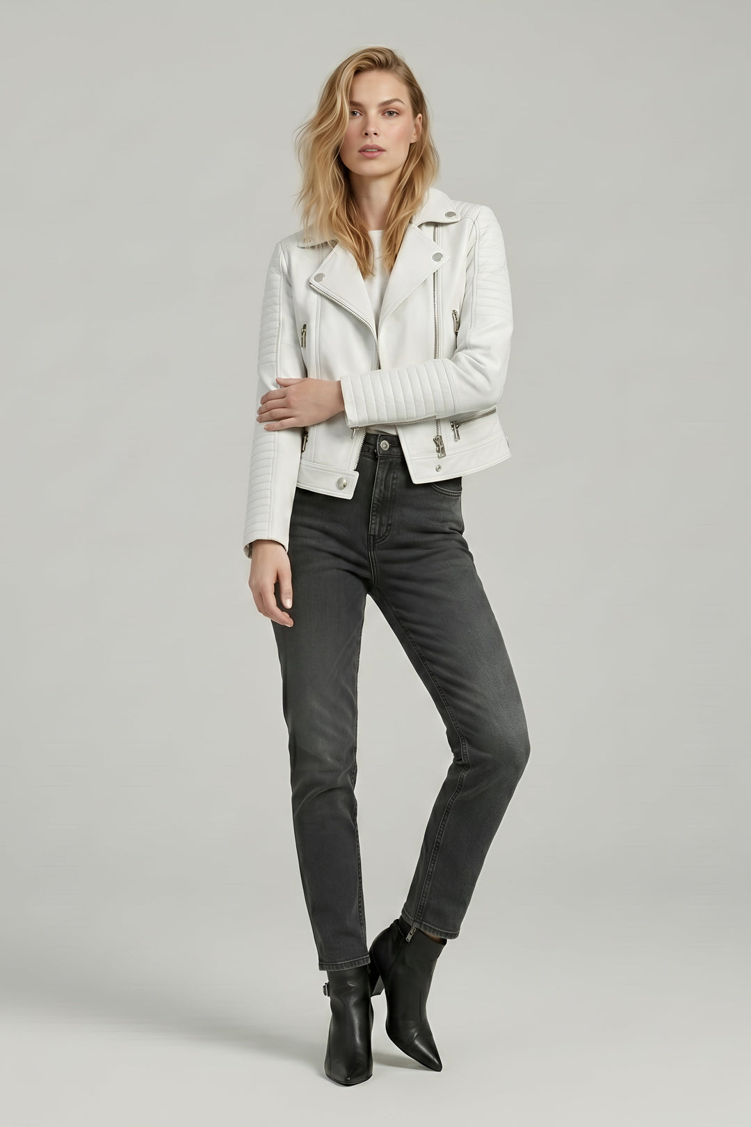 Ryder - Motorcycle Leather - vibrant white, tailored, editorial pose