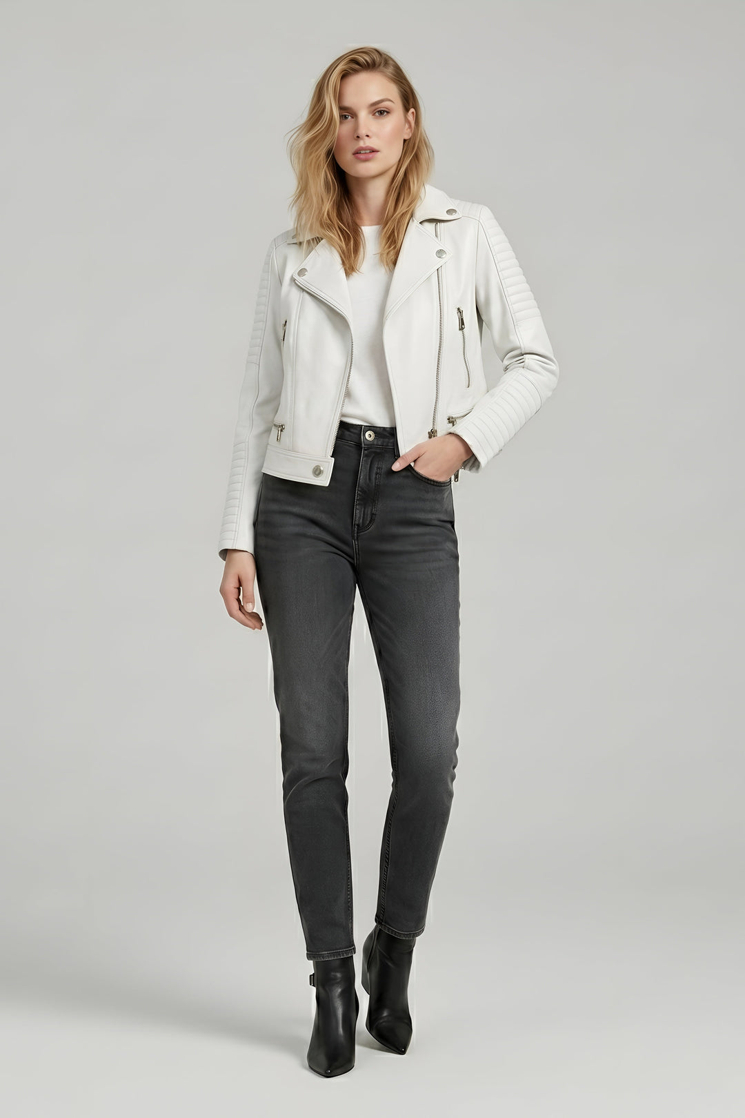Ryder - Motorcycle Leather - vibrant white, tailored, hand in pocket