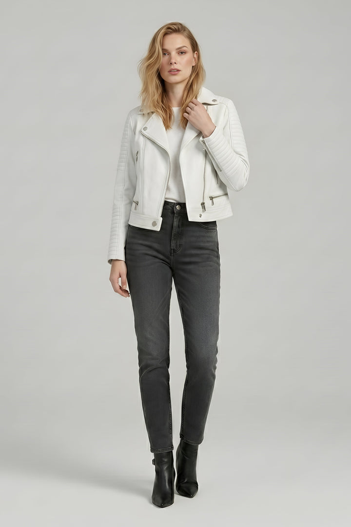 Ryder - Motorcycle Leather - vibrant white, tailored, hand touching the collar