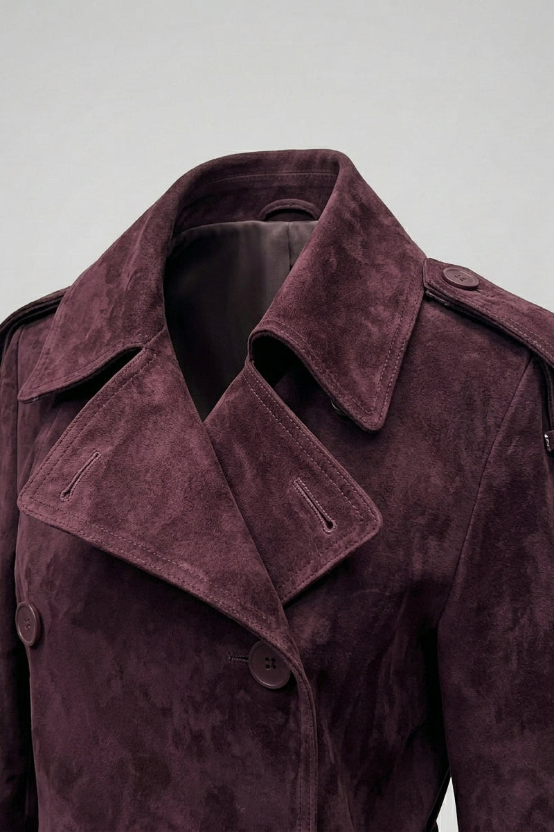 SAGE - Belted Suede Leather - leather detail, collar detail, stitching
