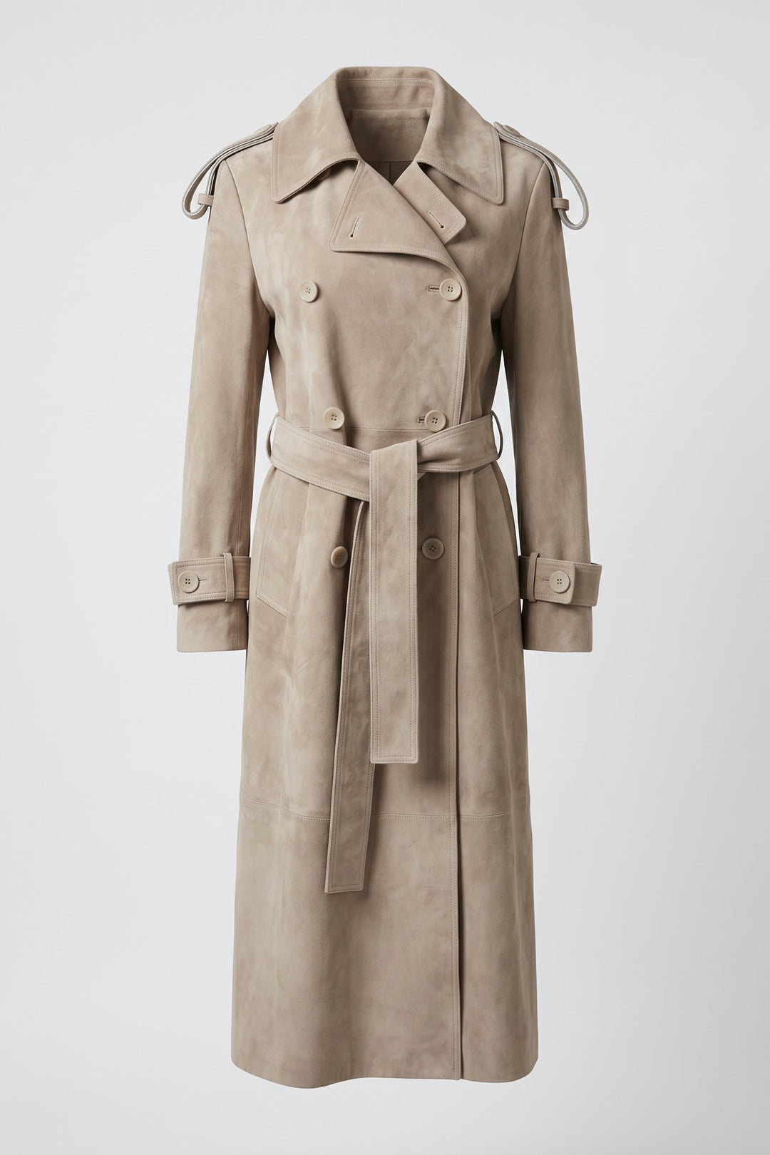 SAGE – Belted Suede Leather Trench Coat, front view, light beige