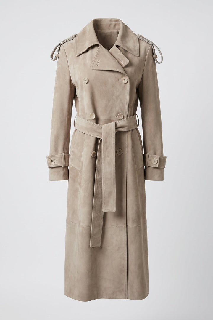 SAGE – Belted Suede Leather Trench Coat, front view, light beige