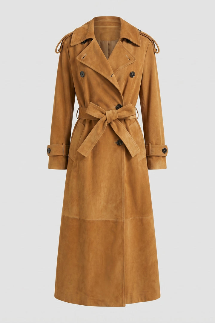 SAGE – Belted Suede Leather Trench Coat, front view, warm brown