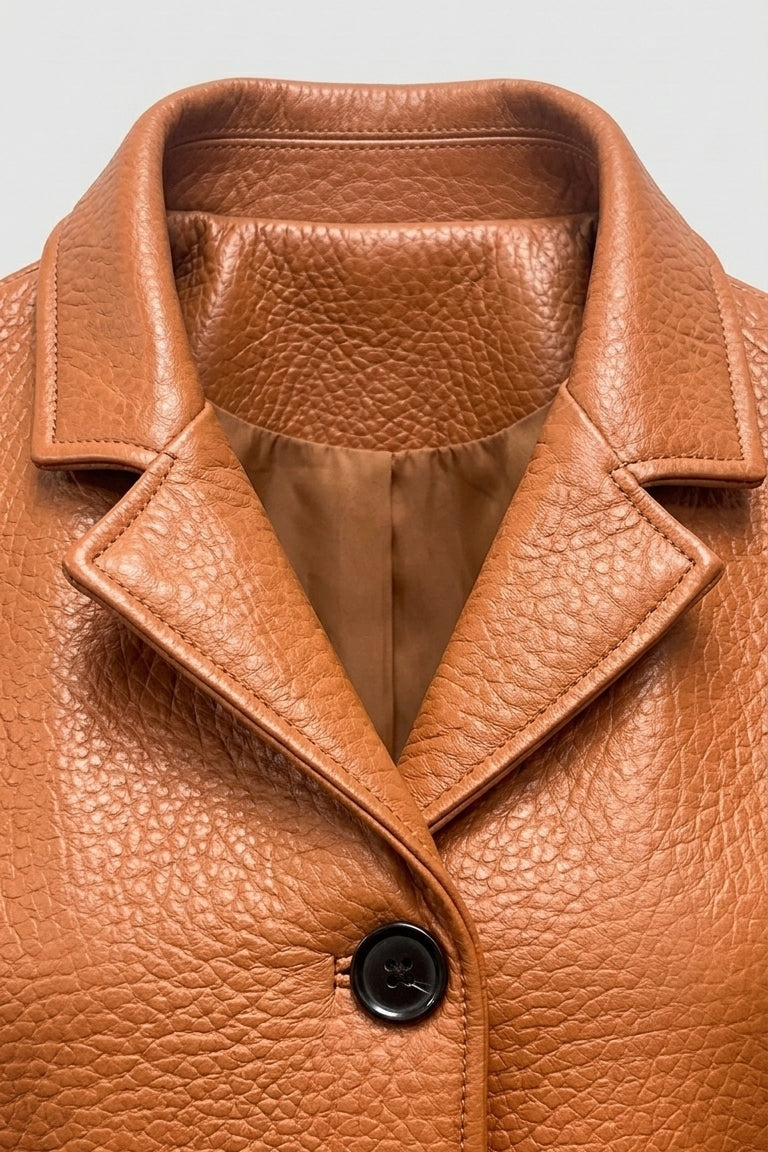 SAWYER - Brown leather jacket collar detail