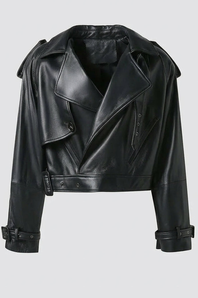 SCARLETT - Black leather jacket, lapel detail, belted waist, grommets