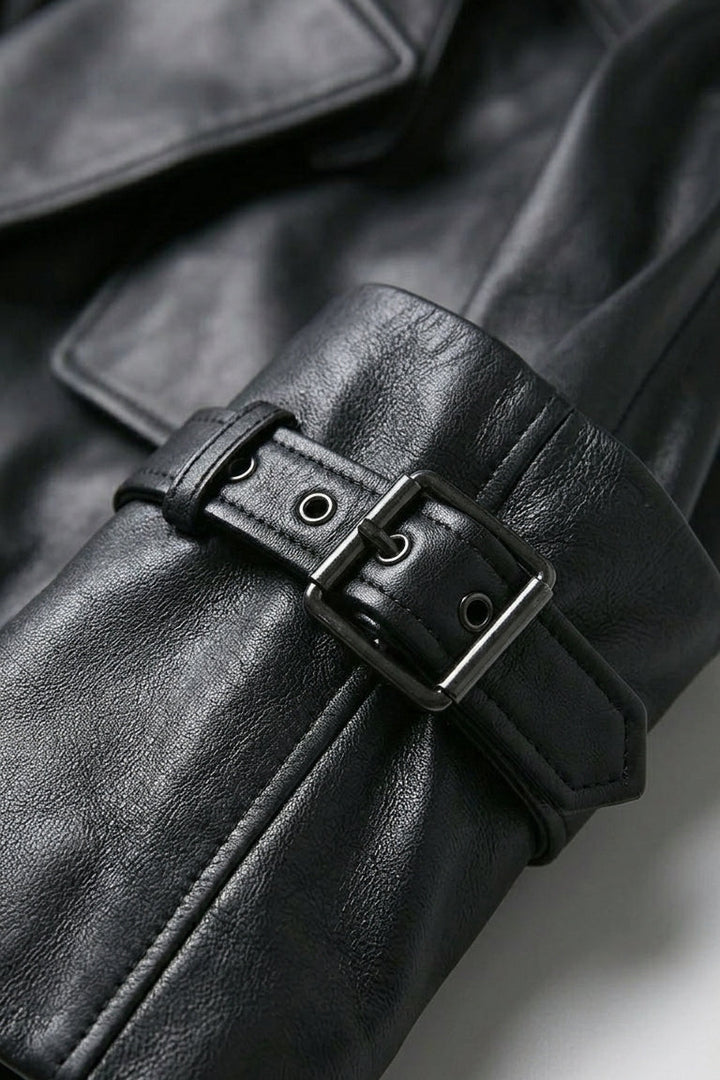 SCARLETT - Black leather jacket sleeve, buckle detail, grommets