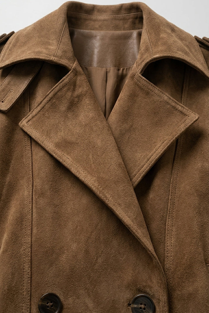 SCARLETT - Brown Suede Cropped Trench Coat collar dettail