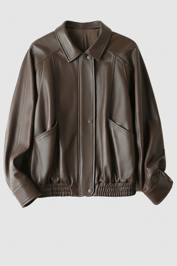 SCARLETT - Brown leather bomber jacket folded detail
