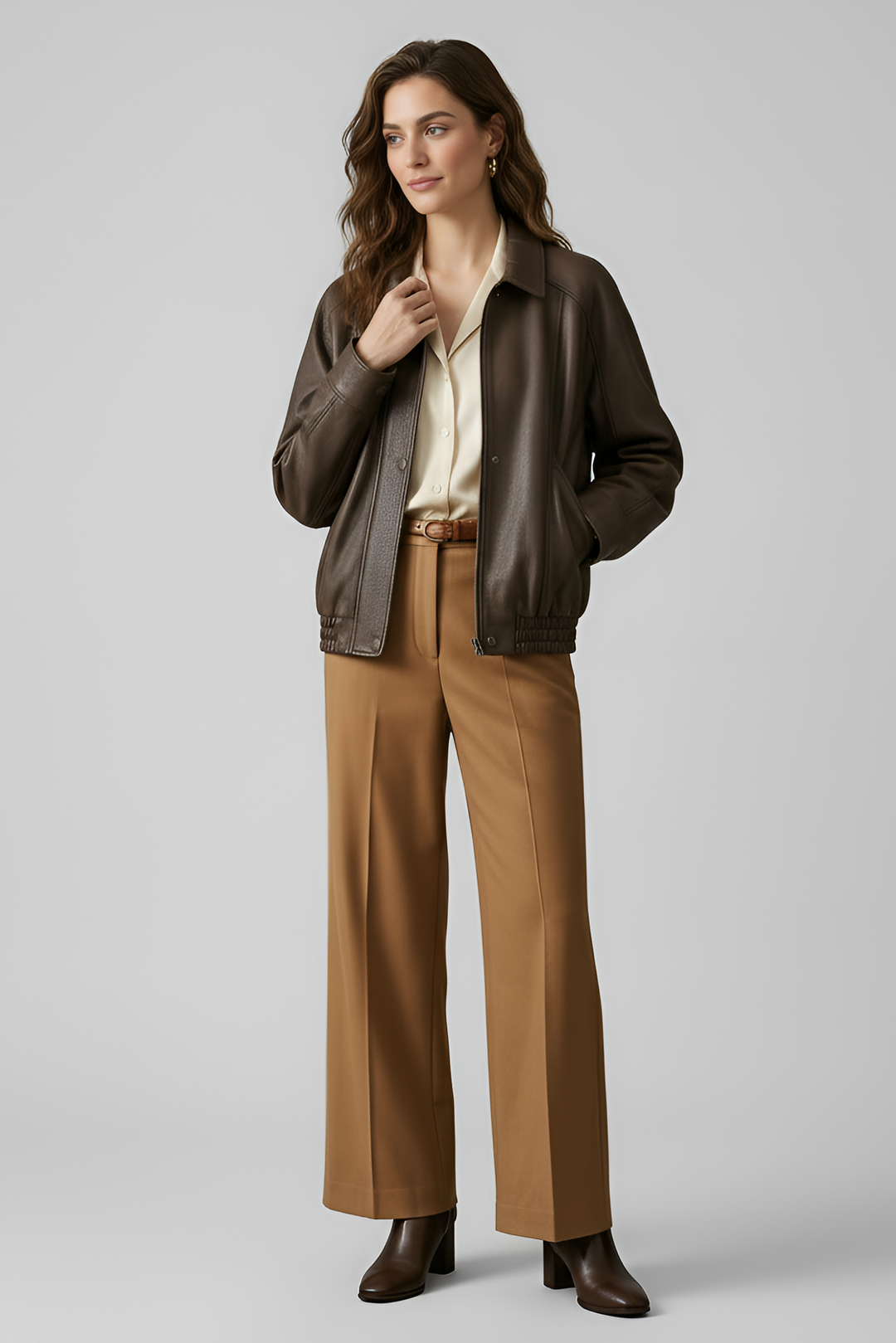 SCARLETT - Brown leather bomber jacket front view