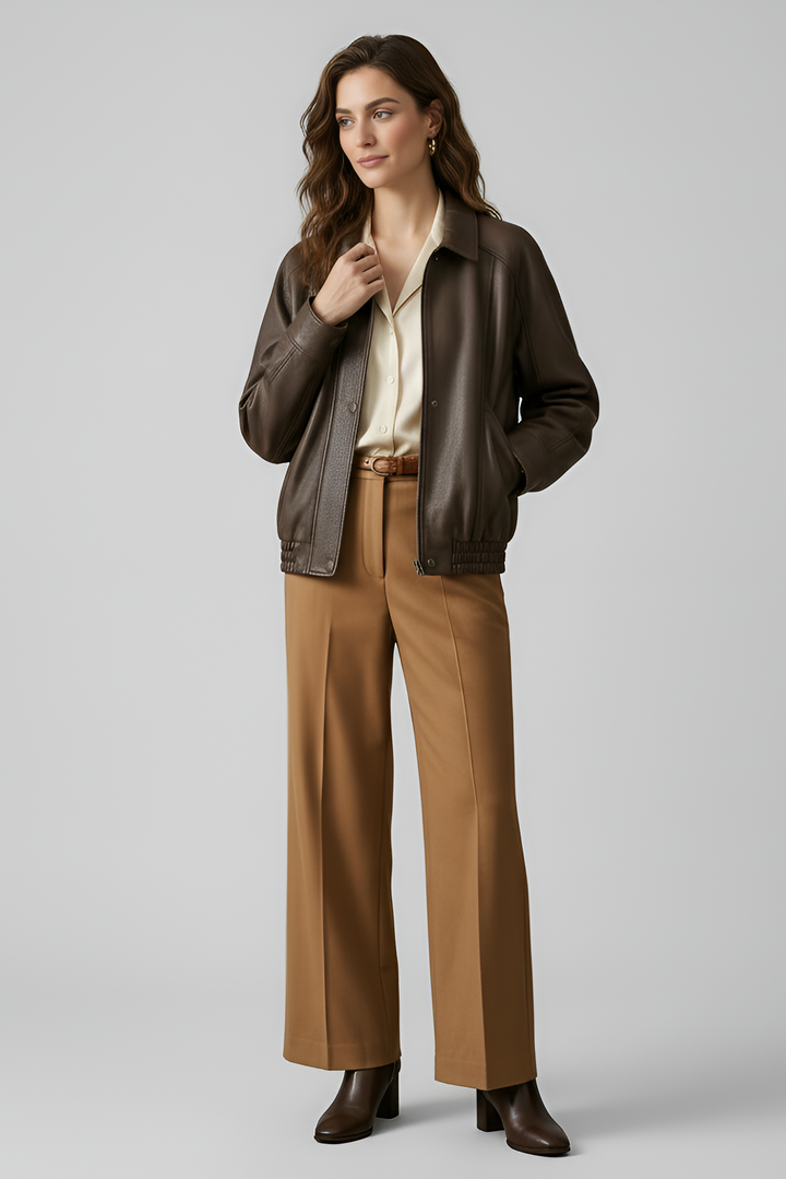 SCARLETT - Brown leather bomber jacket front view