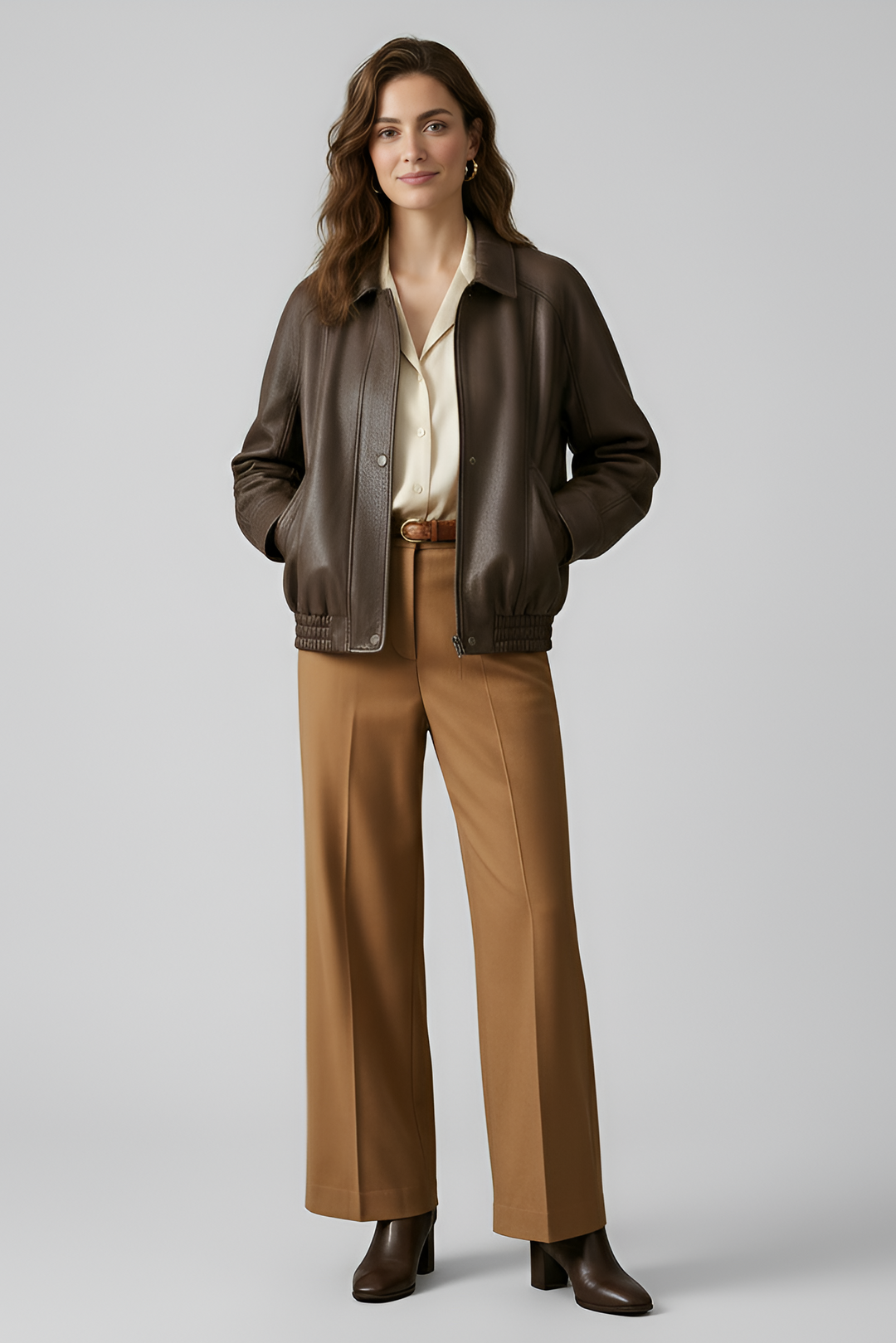 SCARLETT - Brown leather bomber jacket front view