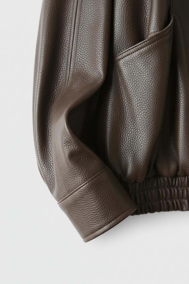 SCARLETT - Brown leather bomber jacket with gathered cuffs