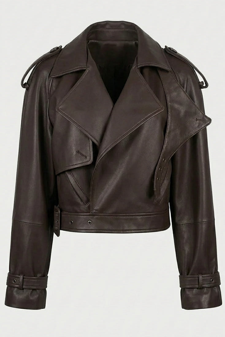 SCARLETT - Brown leather jacket, lapel detail, belted waist, grommets